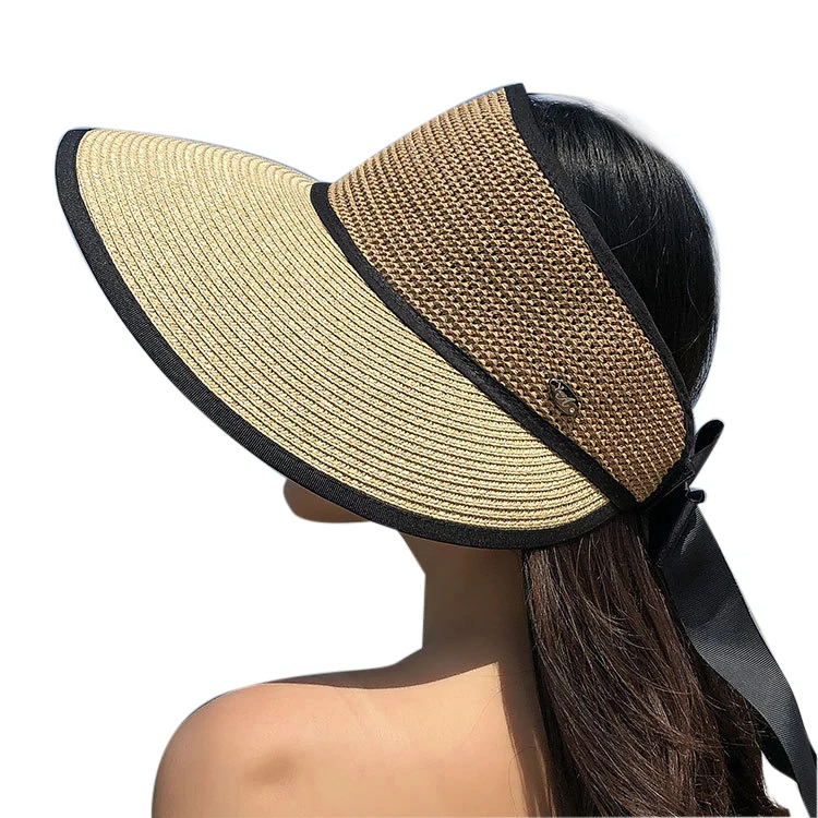 

DDA368 Women Summer Beach Empty Top Sun Hat Adjustable Bowknot Sunscreen Floppy Visor Caps Foldable Large Wide Brim Straw Hat
