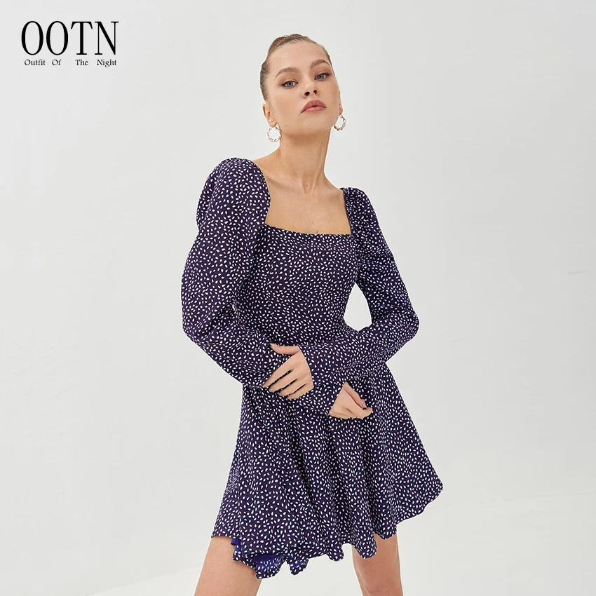 

OOTN Spring Autumn Square Neck Puff Sleeve Elegant Polka Dot A line Ladies Dress Female BlueCasual Red Bohemian Women Dress