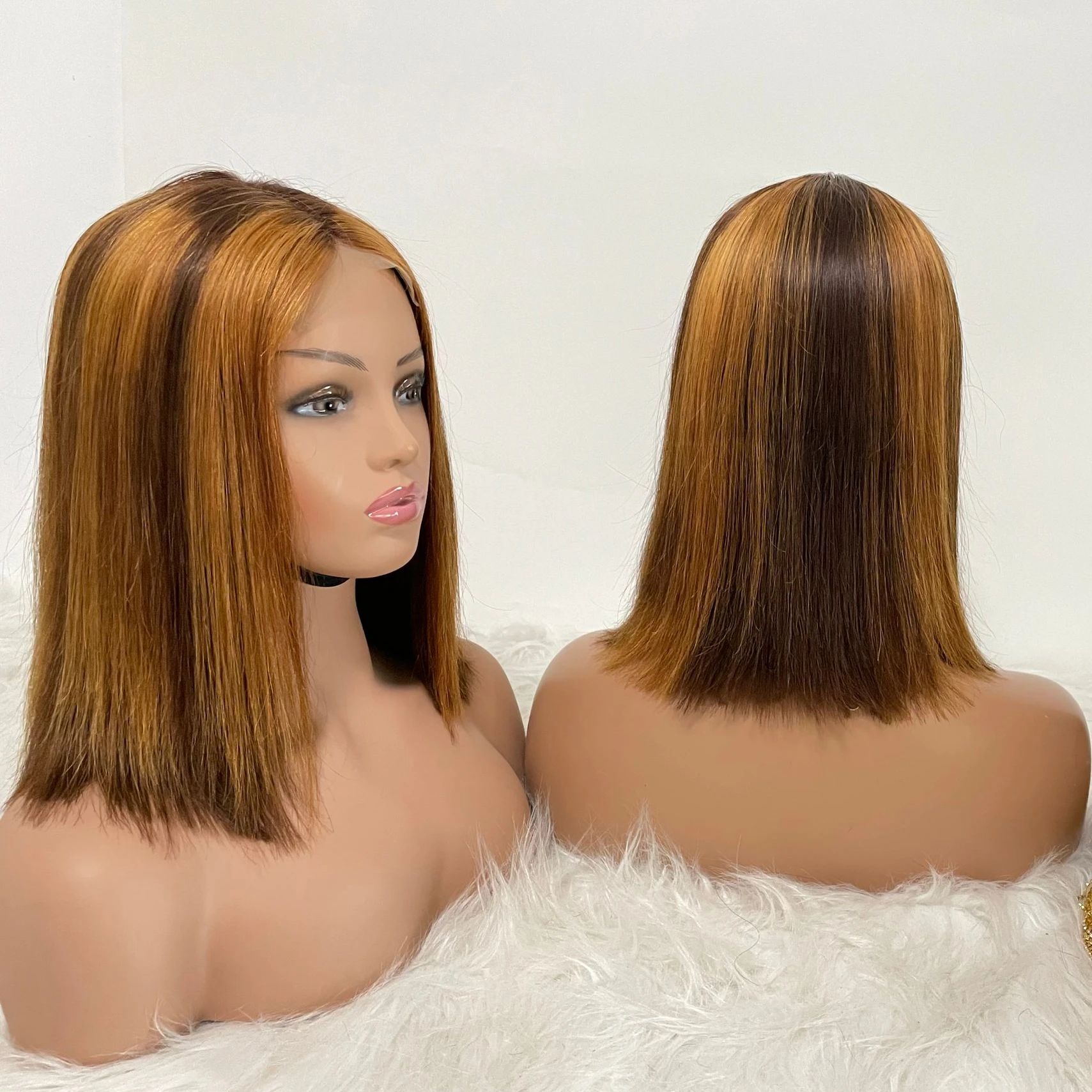 

Very Cheap 12 Inch Highlight Piano Color Blunt Cut Double Drawn Bone Straight Raw Brazilian Human Hair 4*4T-Part Lace Bob Wigs