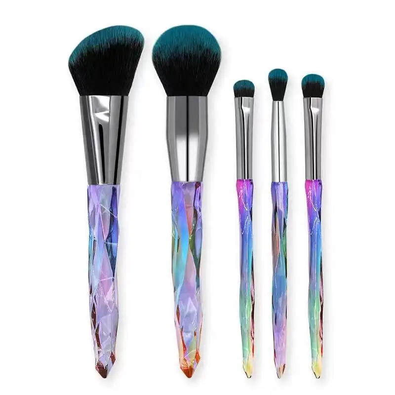 

High Quality Customized Private Label Rainbow Colorful 5 Piece Makeup Brush Set, Black/blue hair, brown/white hair, white hair