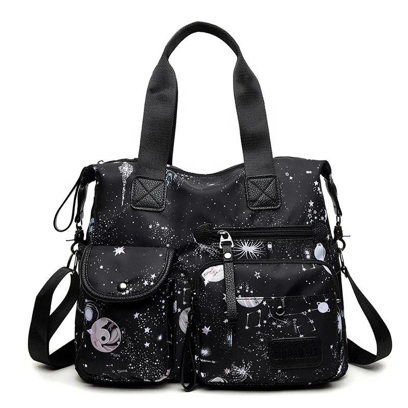 

Starry sky waterproof nylon large capacity black travel shoulder bag women handbag