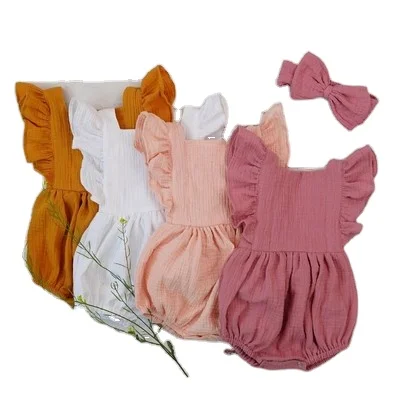 

Organic Cotton Baby Girl Clothes Summer New Double Gauze Kids Ruffle Romper Jumpsuit Headband Dusty Pink Playsuit For Newborn, As picture show