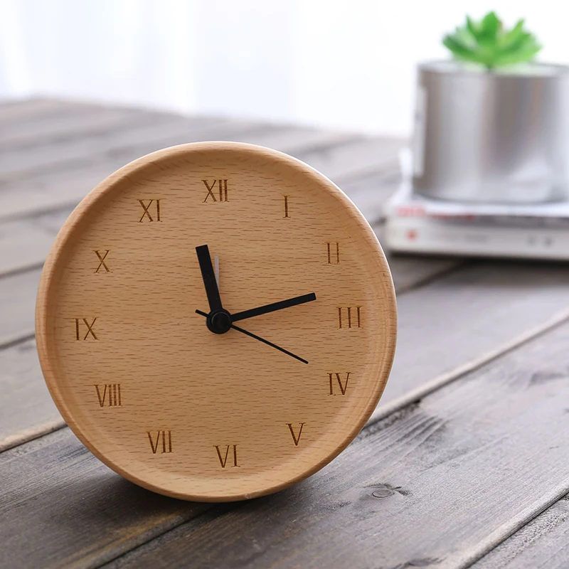 

Customized Logo Simple Home Decoration Wooden Desk & Table Analog Clock Beech Wood Alarm Clock, Wood color