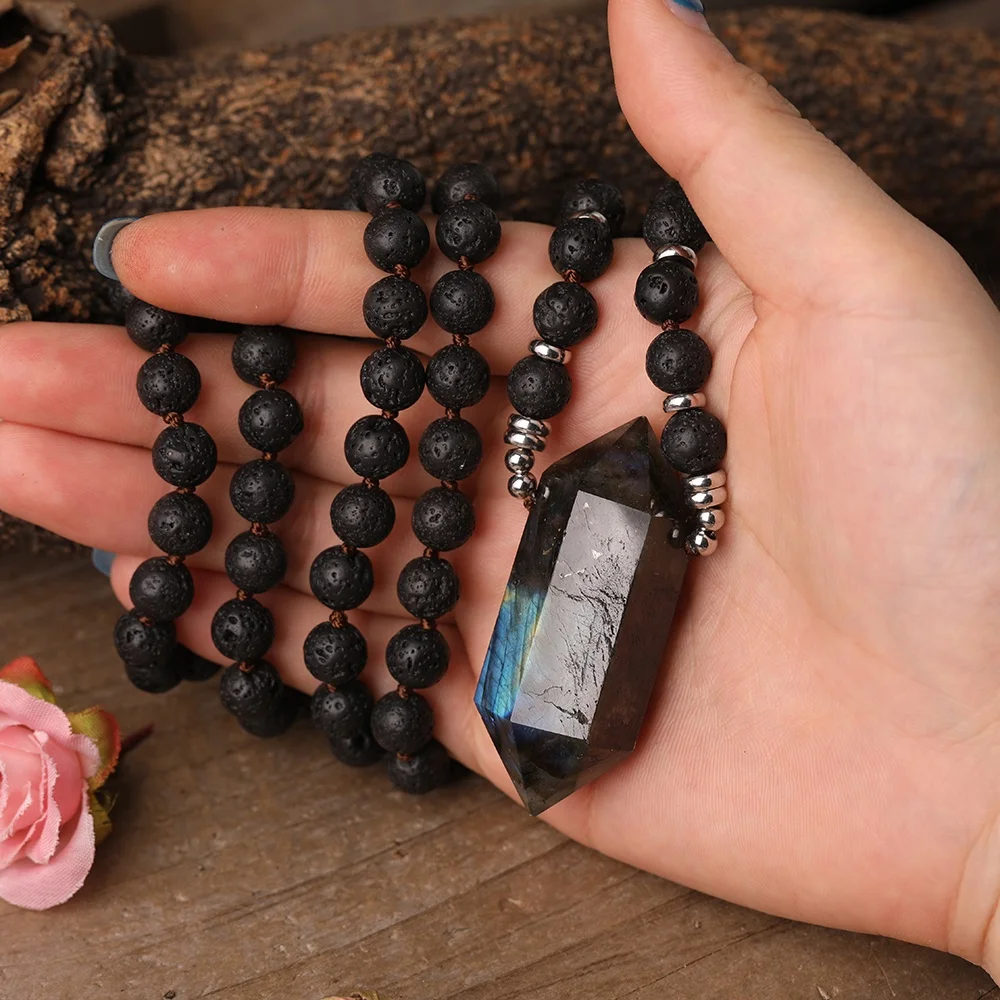 

New labradorite double point pendant necklace handmade 108pcs lava mala beads knot necklace