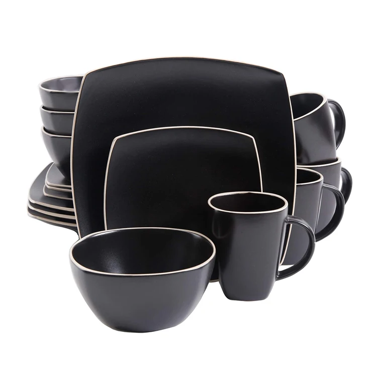 

High Quality 16pcs black glazed home kitchen matte ceramic dinnerware