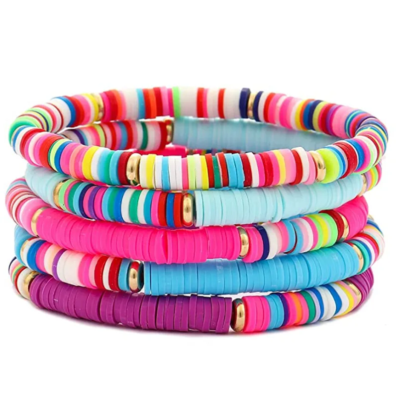 

Bohemia Customizable Handmade Seaside Colorful Soft Pottery Beaded Elastic Bracelet For Women