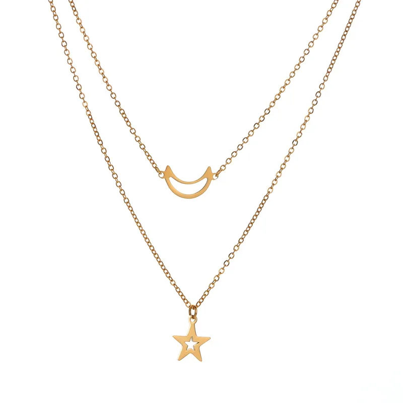 

Stainless Steel 18k Gold Plated Multi Layer Star Pendant Necklace Hollow Star Moon Necklace, As pic show