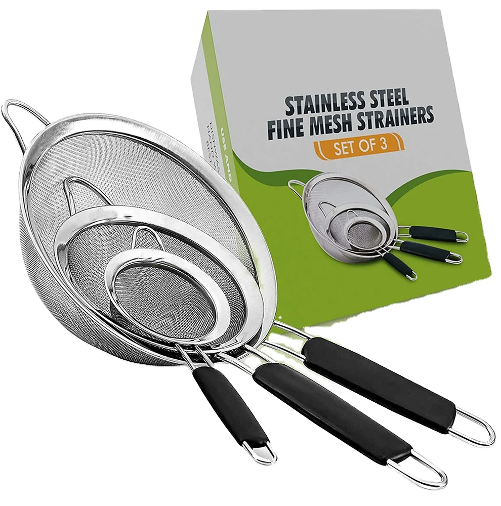 

Premium Stainless Steel Fine Mesh Strainers Set- 3 Sizes With Customized Logo