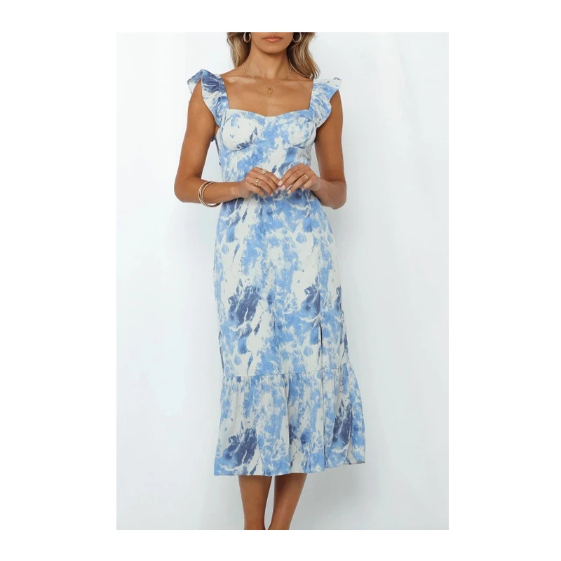 

Baby blue tie dye flutter sleeve flounce cute casual summer midi dress, Denim blue