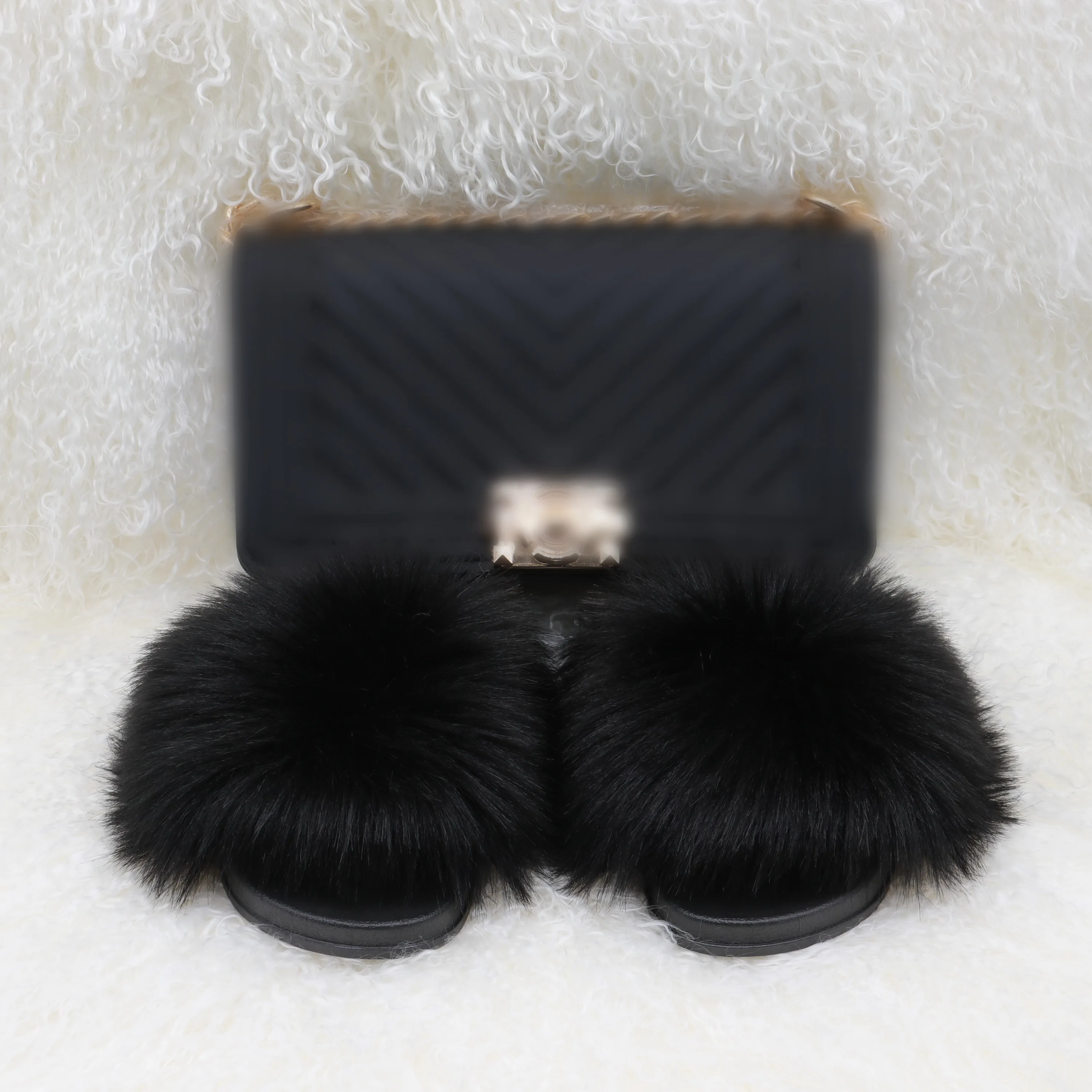 

Free Air Shipping wholesale custo blck color jelly purse and fur slides sets