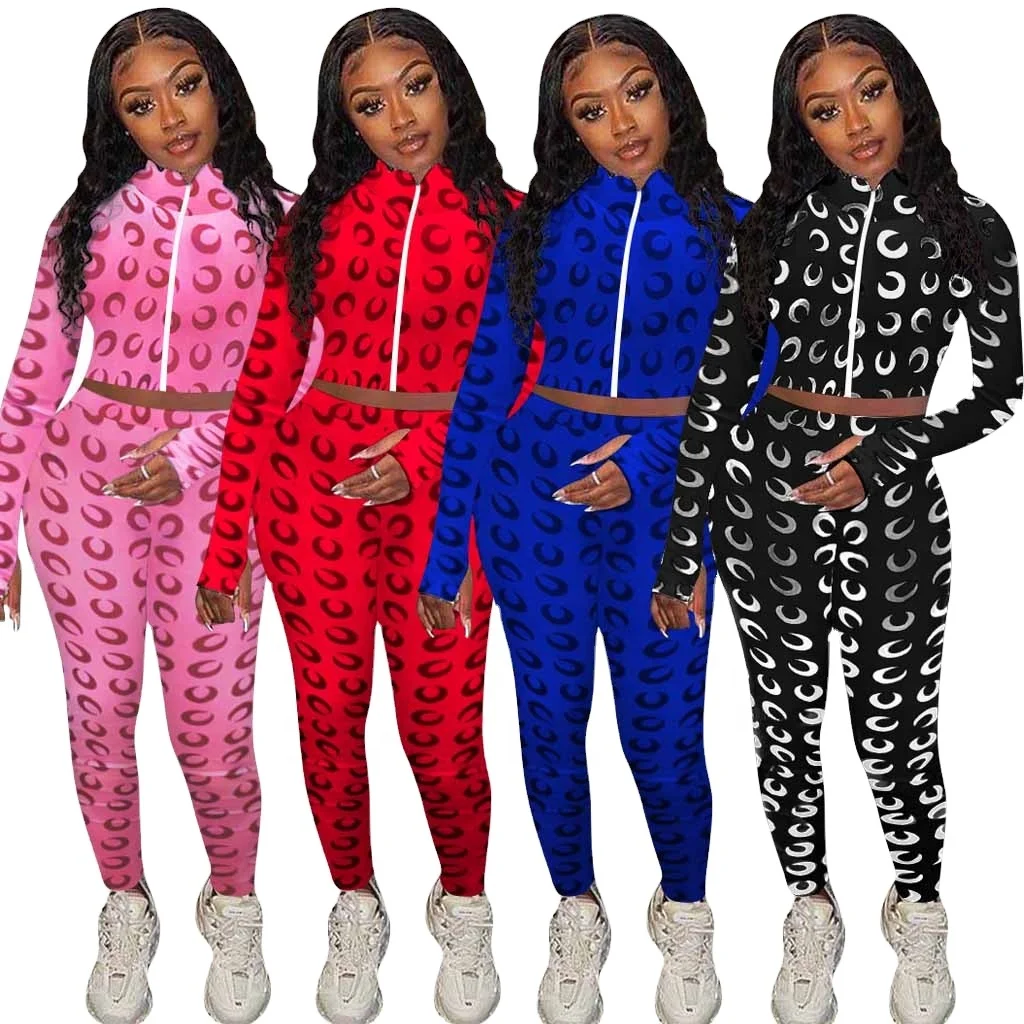 

Wholesale autumn/winter jogging sweatpants ladies track suit casual woman 2pcs print zipper track pants sets, 4 colors