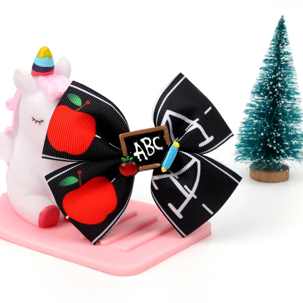 

3.5 Inch Boutique Apple Design Black Pencil Back To School Day Little Girls Hair Bows With Clip