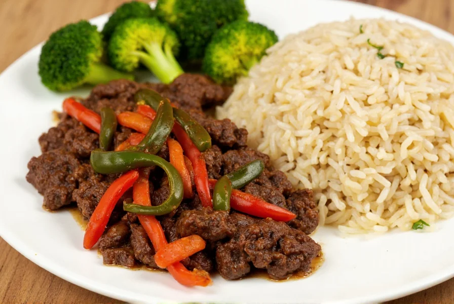 Colorful plate of pepper steak served with steamed rice and broccoli