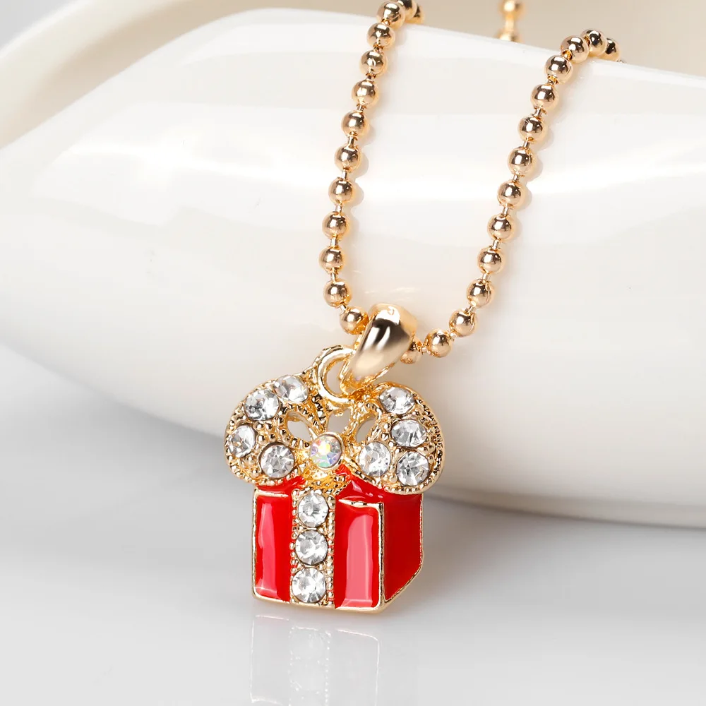 

Christmas Theme Jewelry Crystal Rhinestone Gift Box Pendant Necklace Enamel Santa Bell Pendant Necklace