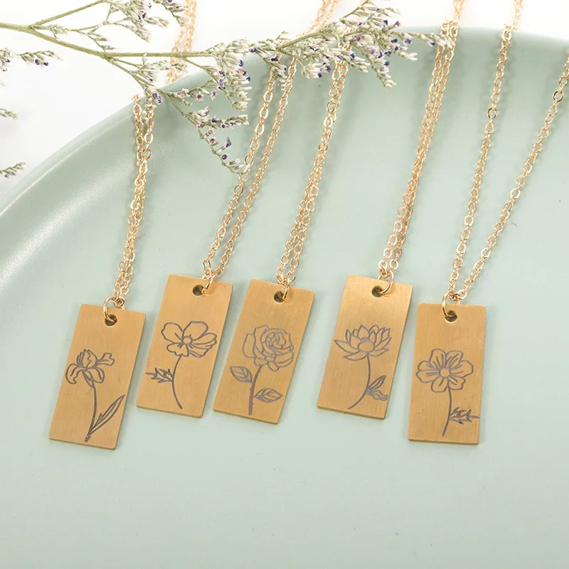 

2021 Latest Design Jewelry Stainless Steel Rectangular Month Birthday Flower Stainless Steel Pendants Necklaces For Gift, Gold