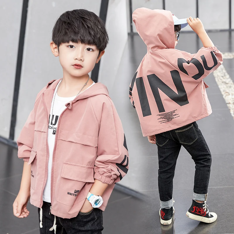 
High quality boutique fashion design boys jacket 100%polyester printed hooded pink kids windbreaker jacket 