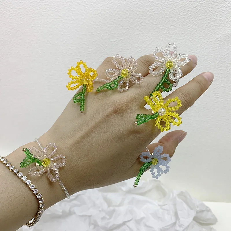 

OUYE 2021 Summer Handmade Ring Beaded Color Braided Crystal Ring Girl Flower Ring for women, Colorful