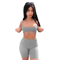 

Sexy Short Two Piece Set Crop Tops And Biker Shorts Grey Black Bodycon Matching Sets Summer Clothes For Women Y11704