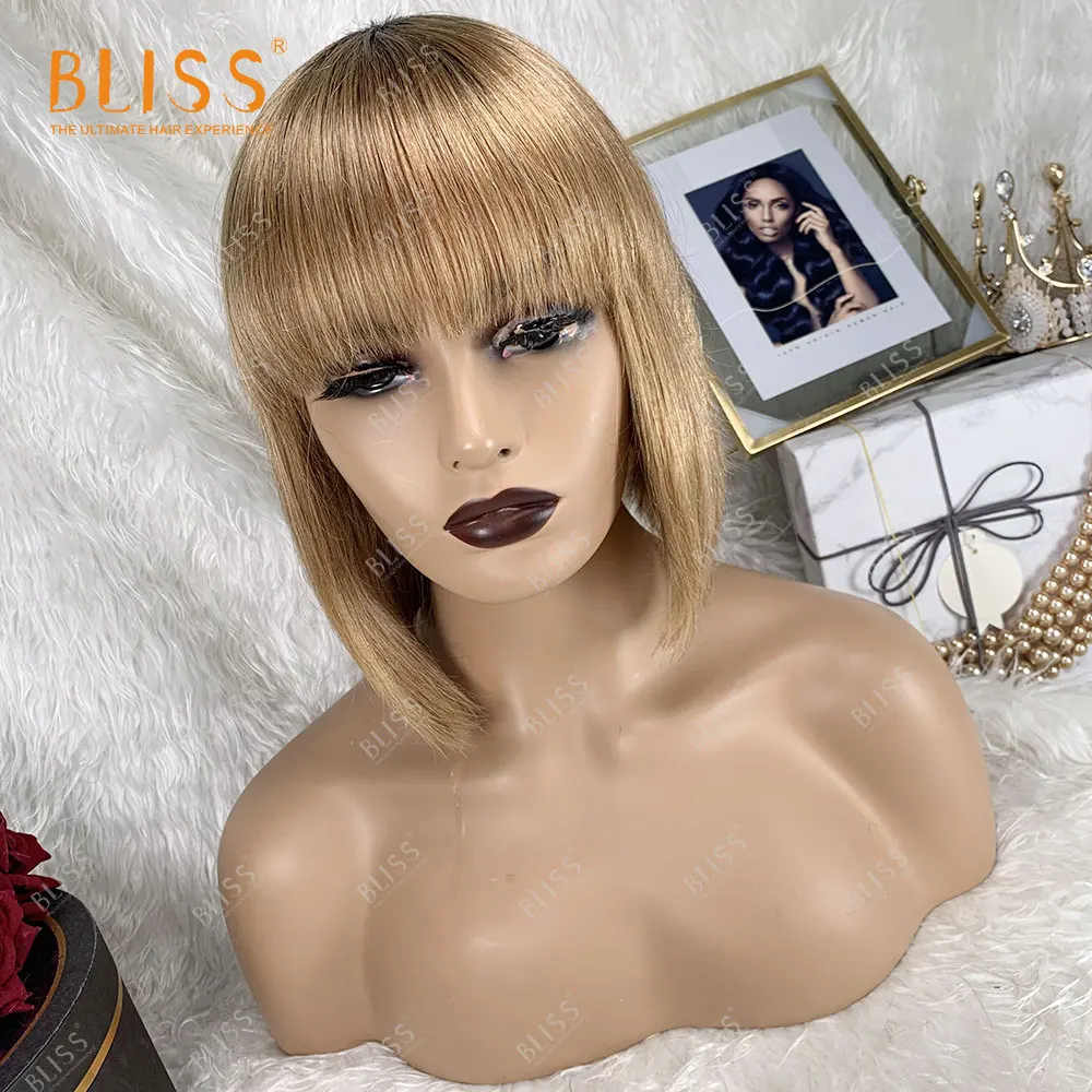 

Bliss 180 Density Ombre Highlight Human Hair Bob Wigs With Bangs,Short Pixie Bob Cut Wigs Brazilian Remy Human Hair Bangs Wig