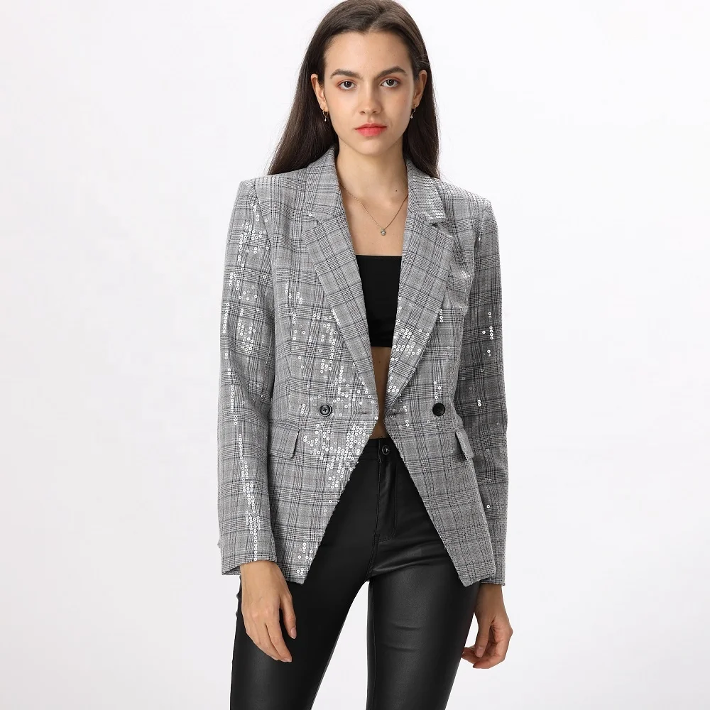 

Latest Office Lady Wear Single Buttons Shiny Paillette Coat Lady Slim fit Plaid Sequin Blazer Mujer Women's Jacket