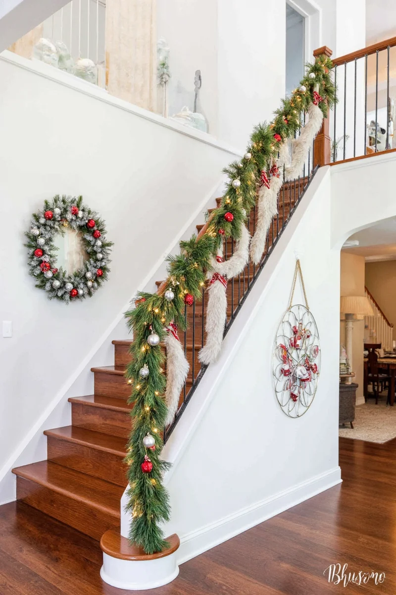 complete christmas staircase decor setup