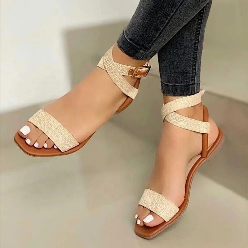 

2021 Summer New Products Flat 40-43 Comfortable Flat Bottomed Buckle Casual Sandals Women Sandals For Women, Black, beige, dark brown