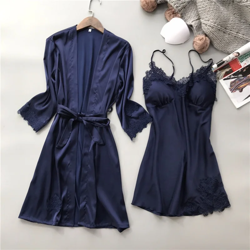 

Wholesale Two Piece Women Sleep Wear Set Ice Silk Satin Night Suits for Women Silk Satin Sexy Honeymoon Nighty