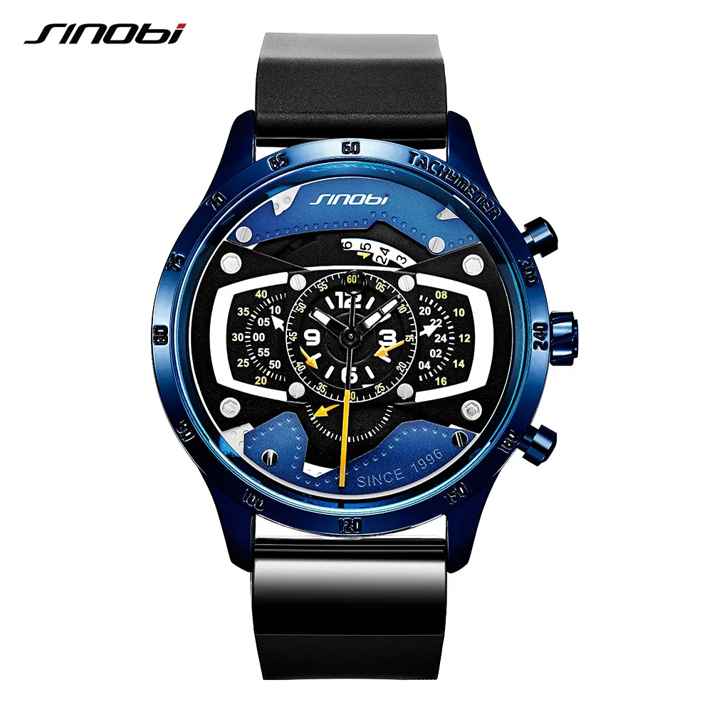 

SINOBI 9789 stylish black male quartz watch luxe Silicone band Waterproof Chronograph Concise sports wristwatch