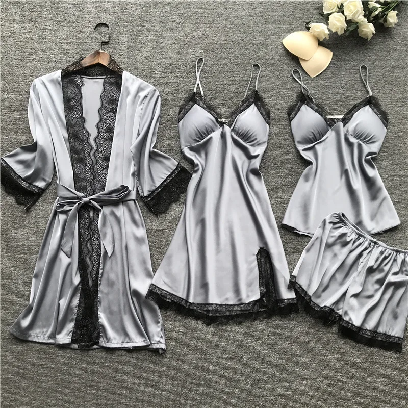 Hot Style Pure Color Satin Sexy Nightwear Four Piece Women Sleepwear