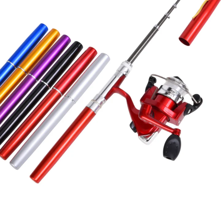 

UP-Durable Rod Combo Classic Delicate Texture  Telescopic Mini Spinning Fishing Rod Pen Shaped Pocket Fishing Pole With Reel, Red