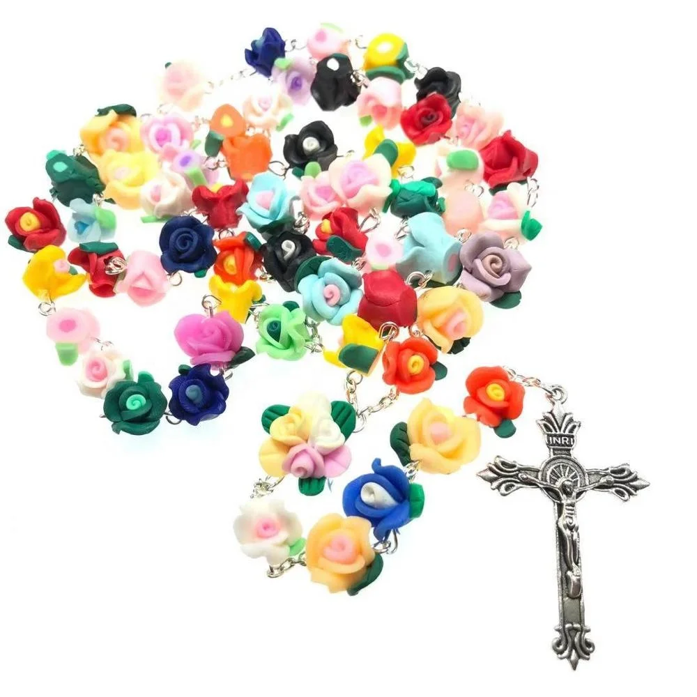 

Candy bright colorful Soft Ceramic beads rose flower rosary catholic crucifix Necklace, Different colours available