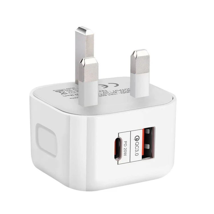 

20W UK Plug PD Wall Charger Dual Port QC3.0 USB Type C Fast Charger for iPhone 12 Mini Portable Travel Power Adaptor, White