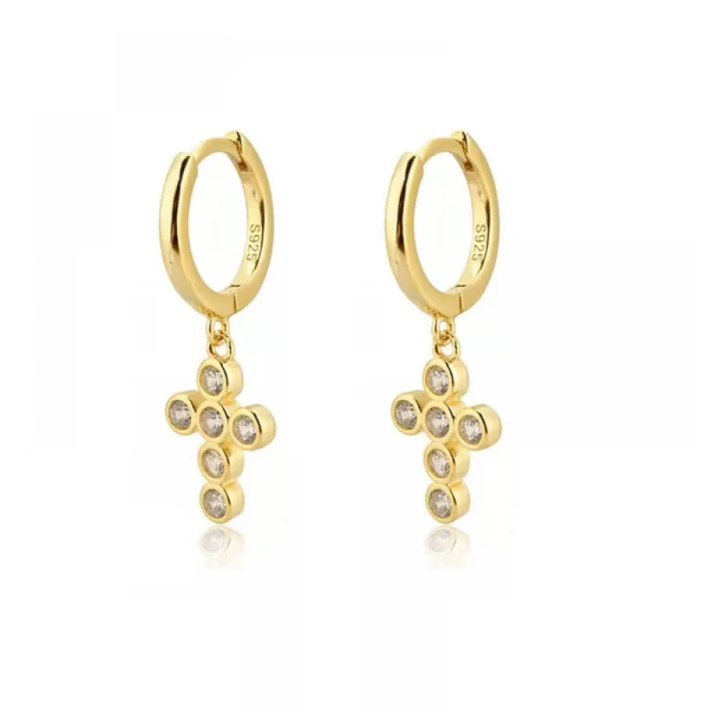 French Style Cross Drop Earrings Women Religious 18k Gold Plated Zircon Cross Earrings