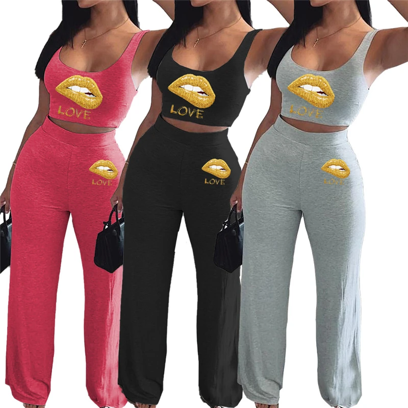 

2021 new arrival plus size pants two piece set women clothing Lips printing 2 piece set women, 3 colors