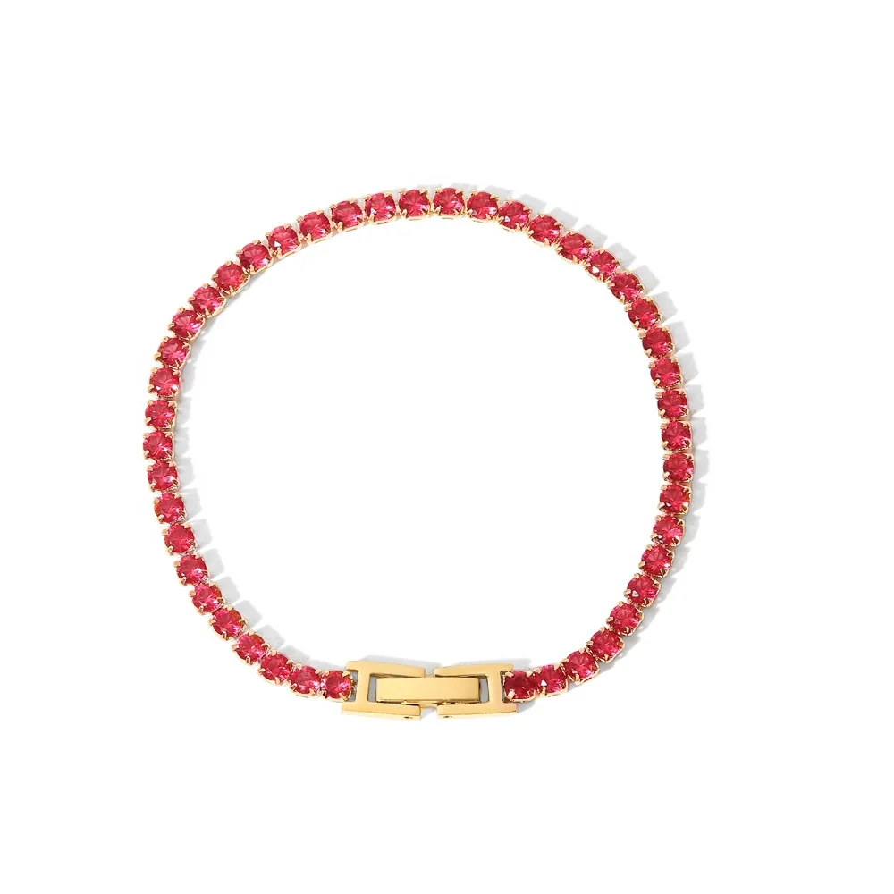 

14k Gold Plated Full Red Zircon Claw Setting Stainless Steel Tennis Chain Bracelets For Ladies