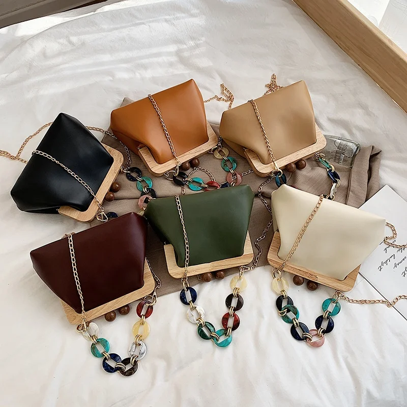 

New Arrival Retro Wooden Clip Crossbody Handbag Small Square Bag Solid Color Purse Shoulder Bag For Women, 6 colors