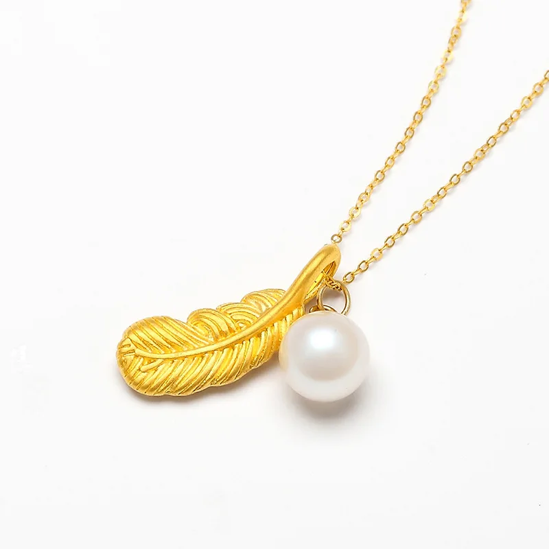 

Certified Pure Gold 999 Feather Pendant Gold Pearl Necklace 3D Hard Gold Angel Feather Birthday Gift Clavicle Chain Female