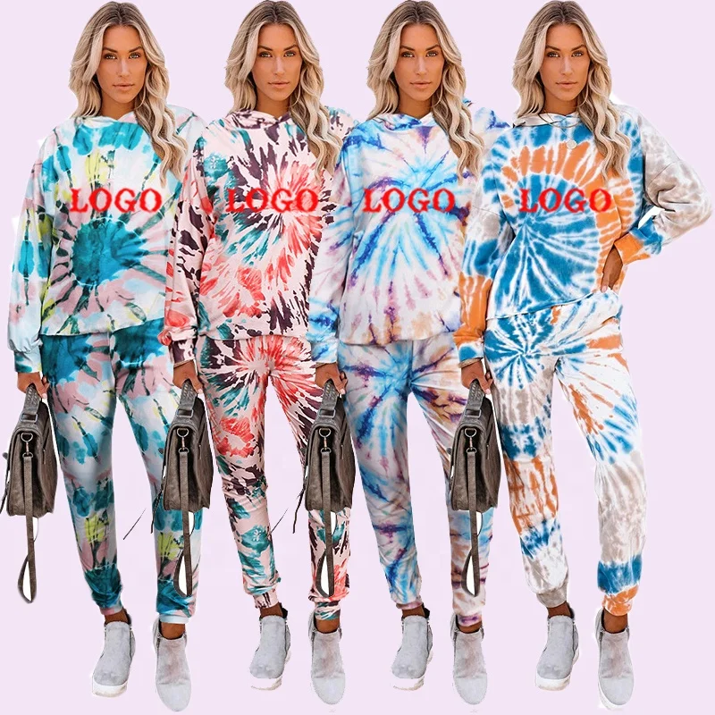 

2021 Wholesale Women Casual Home Wear Tie Dye Long Sleeve Pantsuit Cropped Hoodie Jogger Set Woman