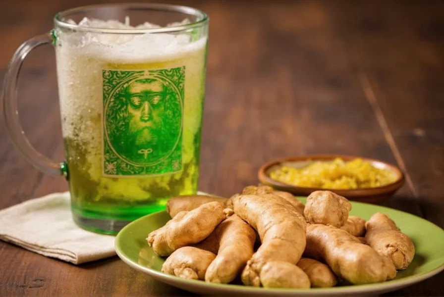 Glass of homemade Jamaican ginger beer with fresh ginger slice garnish