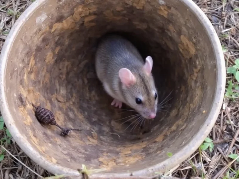 Releasing mouse from bucket trap into natural habitat