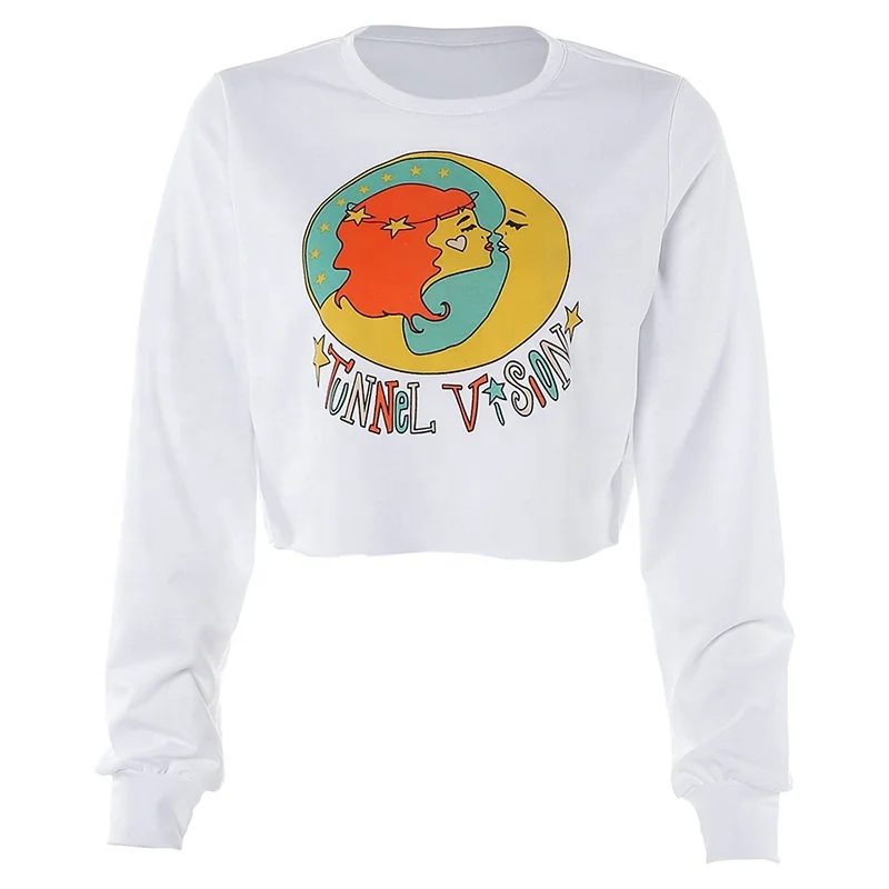 

Wholesale Sexy Crop Print Long Sleeve Wear Women Casual Sports Wear 3D Print White Wear, As picture