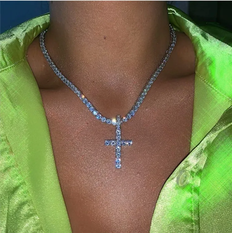 

2020 Fashion Glitter Sexy Party Diamond AAA Zircon CZ Stone Tennis Girl Cross Pendant Necklace Chain for Women