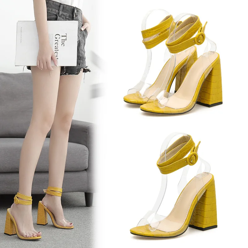 

DEleventh Shoes Woman In Stock Wholesale PVC Clear Buckle Coarser High Heels Sandals Peep-Toe Heels Summer Party Shoes Yellow