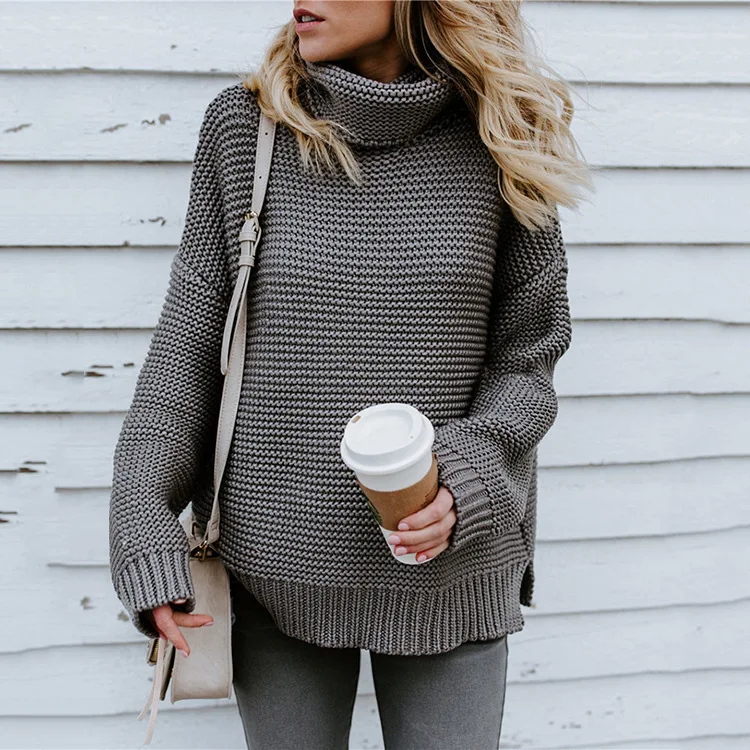 

2021 Custom Autumn Winter New Style American Women's Thick Line Long Sleeve Turtleneck Sweater