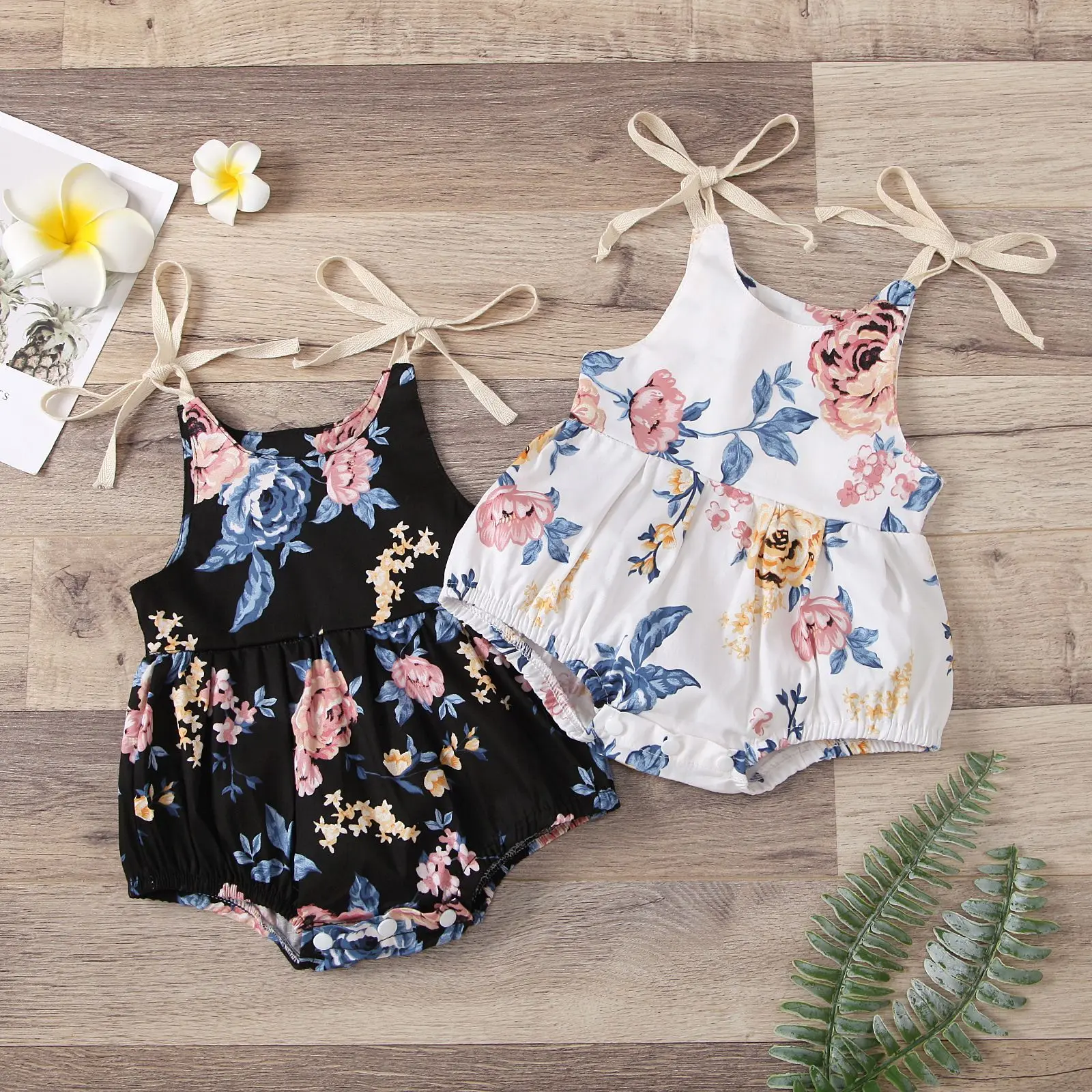 

0-24M Summer Baby Girls Rompers One Piece Sleeveless Belt Flowers Print Strap Jumpsuits, As picture