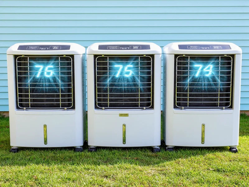 Three DIY evaporative coolers side by side with temperature readings