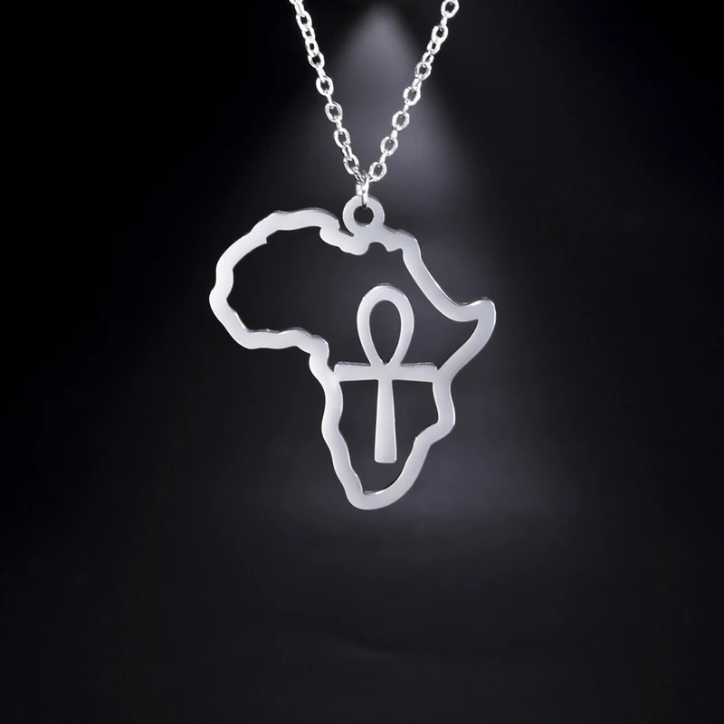 

Hiphop Stainless Steel African Map Necklace Hollow Out Africa Map With Cross Necklace Custom Design World Map Jewelry Gifts, Steel color