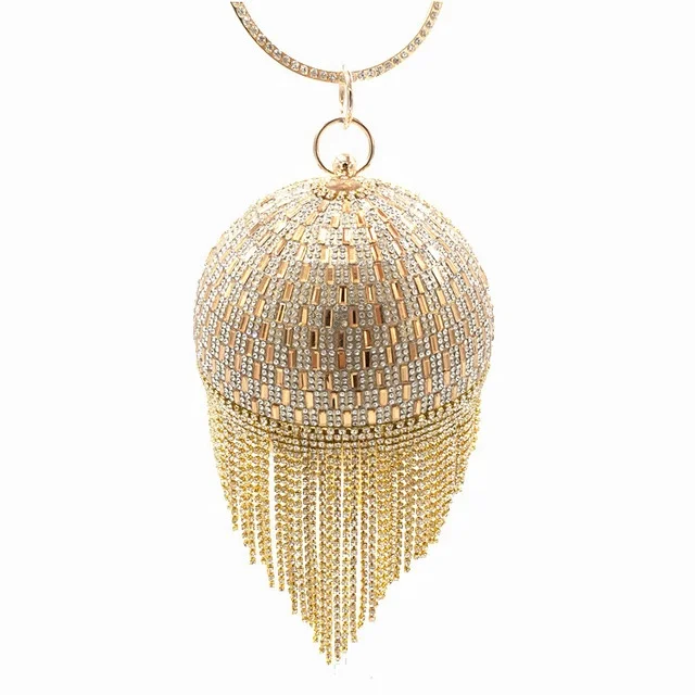 

Hand-Made Acrylic Evening Bag Portable Round Cosmetic Bag With Rhinestone Tassel Dinner Bag, Black,silver, gold