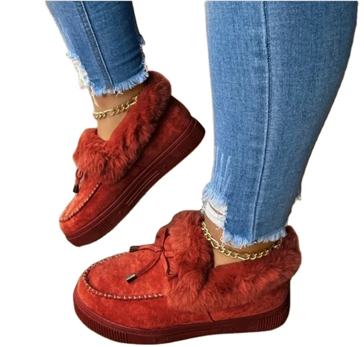 

2021 Winter new style casual Fashion Flat plush boots For Woman Bow Knot Fur Flat Ankle Boots Shoes loafer Moccasins