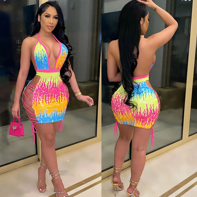 

2021 Amazon hot sale women colorful bead sling sequined casual club sexy dress